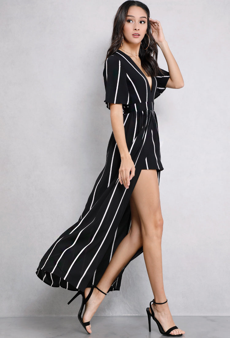 Elegant White Stripe Open Back Black Maxi Romper