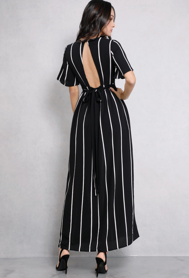 Elegant White Stripe Open Back Black Maxi Romper