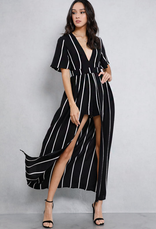 Elegant White Stripe Open Back Black Maxi Romper
