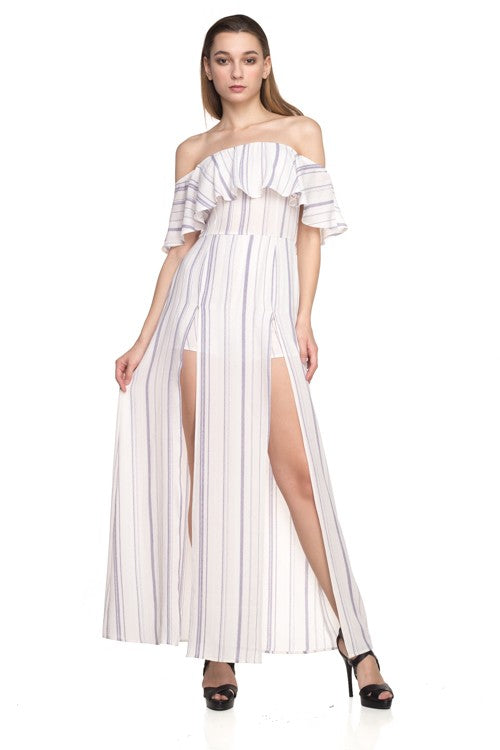 Fashion Off Shoulder Ruffle Marine Contrast Maxi Romper