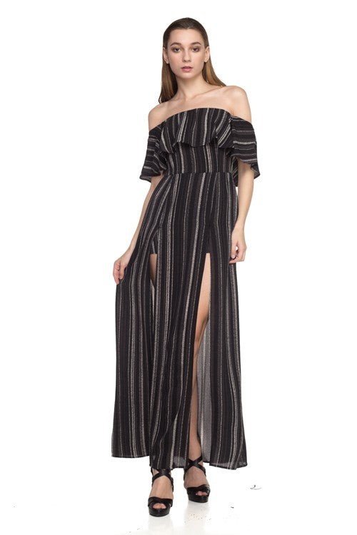 Fashion Off Shoulder Ruffle Black Contrast Maxi Romper