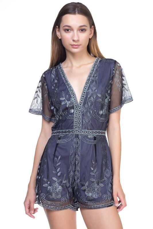 Elegant Black Floral Lace Silver Romper