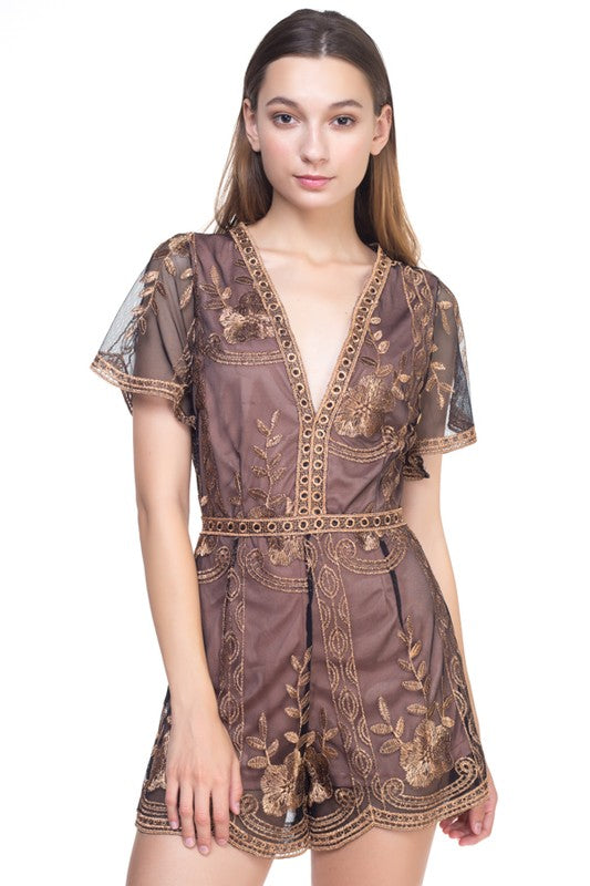 Elegant Black Floral Lace Bronze Romper