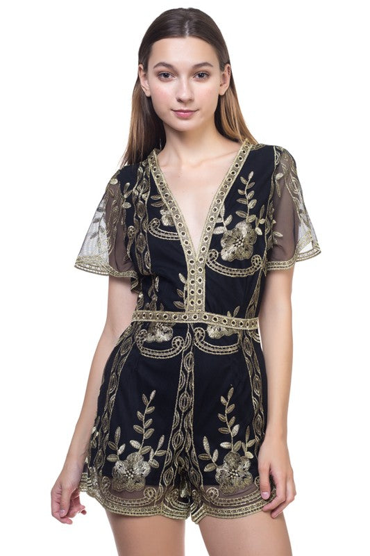 Elegant Black Floral Lace Gold Romper
