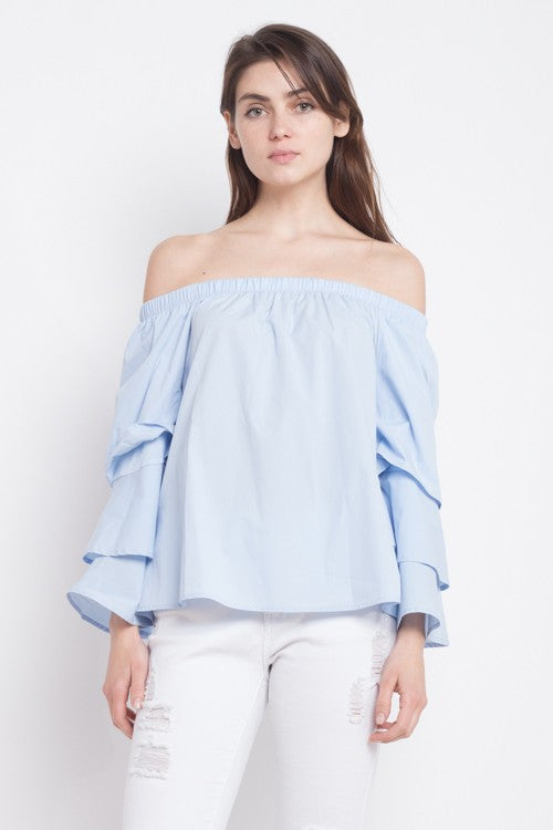 Fashion Off Shoulder Ruffle Blue Top with Bell Sleeve