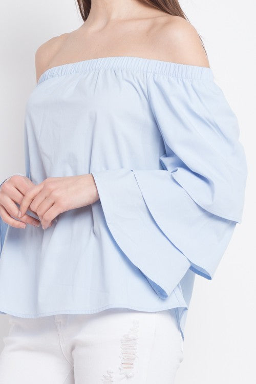 Fashion Off Shoulder Ruffle Blue Top with Bell Sleeve