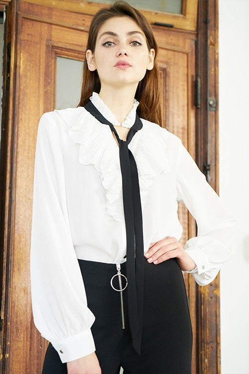 Elegant Ruffle Black Bow Detailed White Long Sleeve Blouse