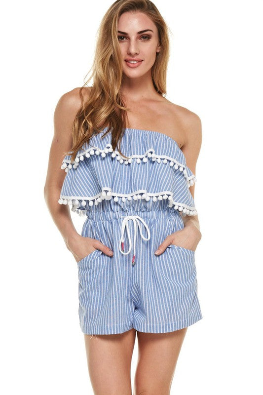 Fashion Marine Pompom Strapless Romper