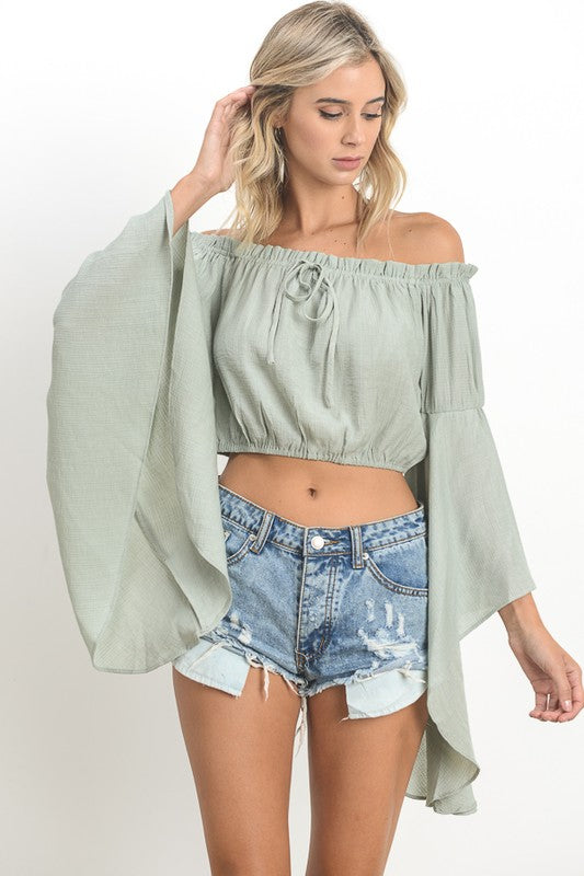 Summer Off Shoulder Crop Sage Top with Bell Sleeve