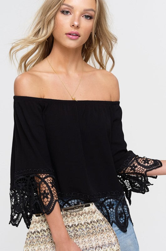 Elegant Off Shoulder Black Lace Top with Bell Sleeve