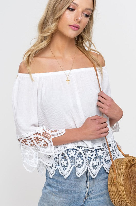 Elegant Off Shoulder White Lace Top with Bell Sleeve