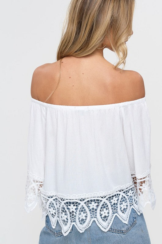 Elegant Off Shoulder White Lace Top with Bell Sleeve