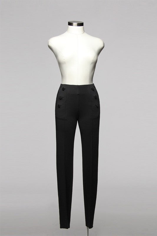 High Waisted Fitted Black Pant With Decorative Buttons