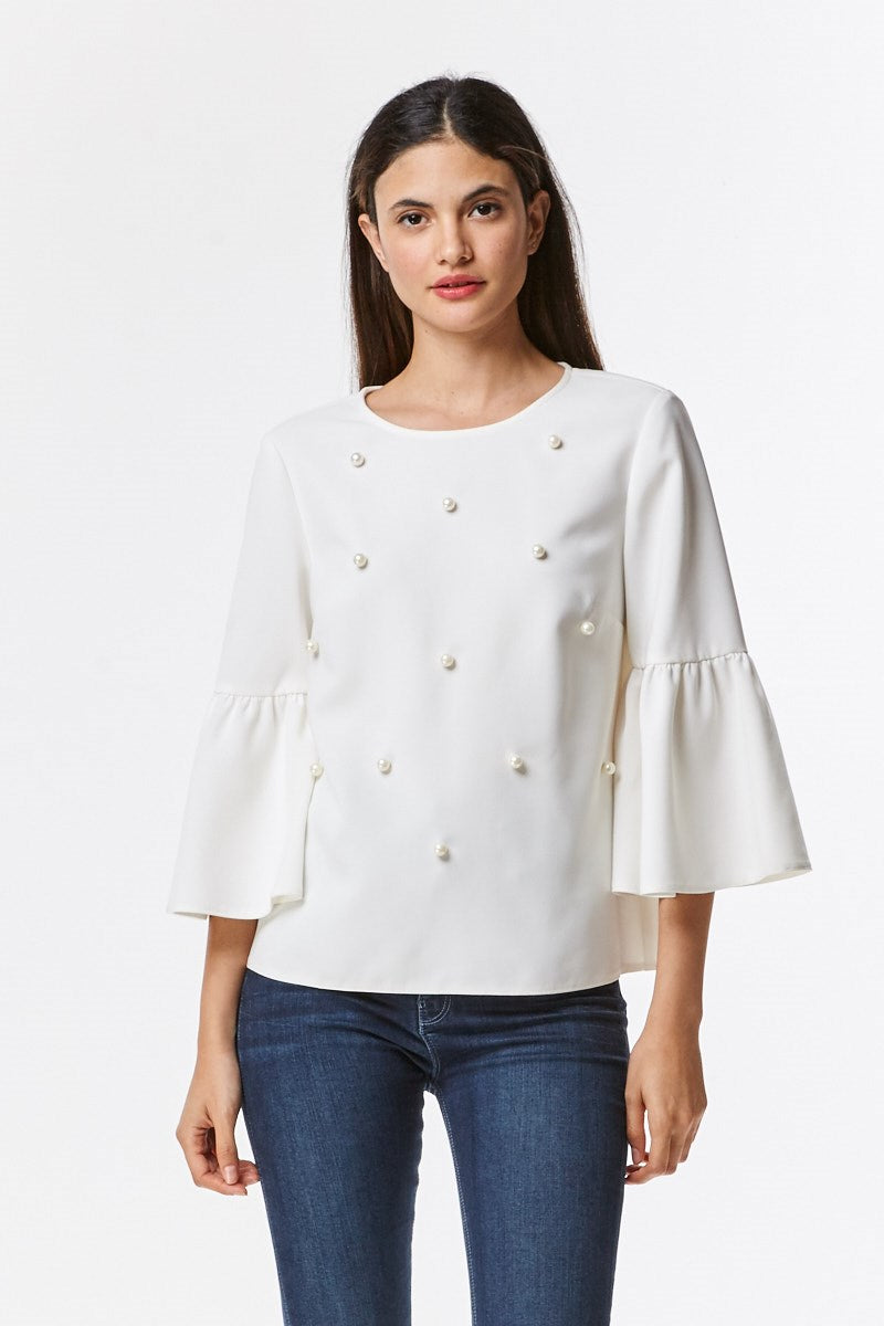 Elegant Pearl White Bell Sleeve Blouse