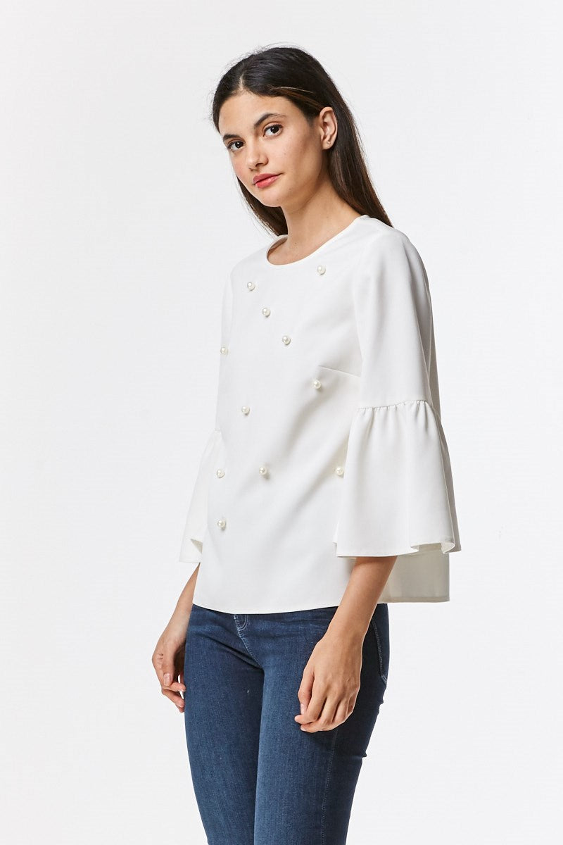 Elegant Pearl White Bell Sleeve Blouse