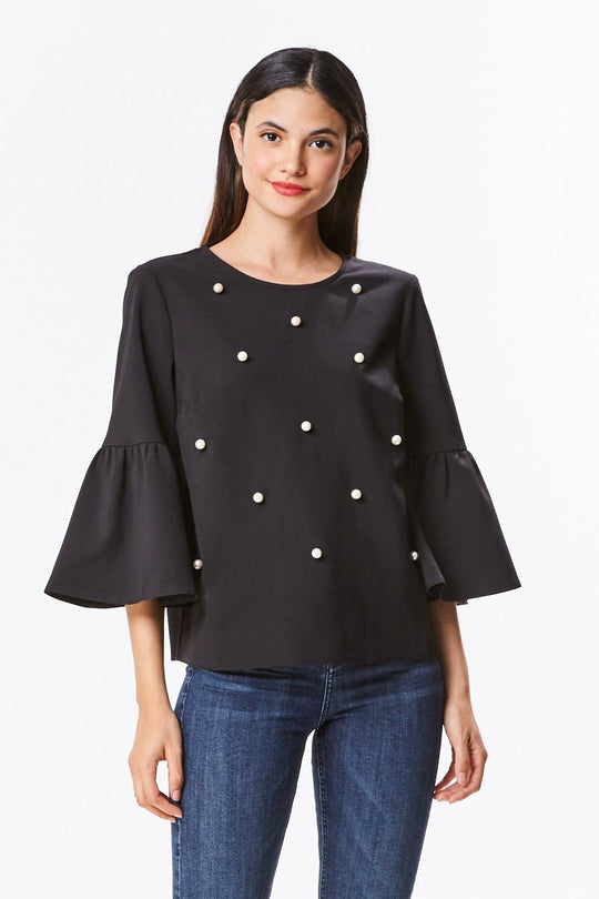 Elegant Pearl Black Bell Sleeve Blouse