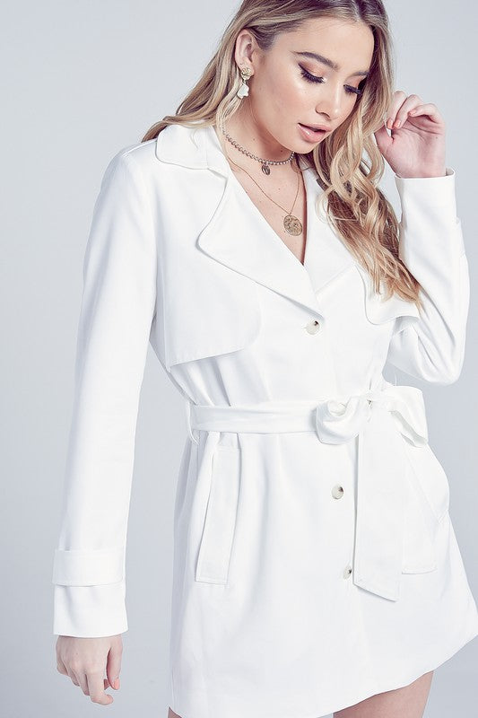 Elegant Off White Collar Button Tie-Up Jacket Dress with Long Sleeve