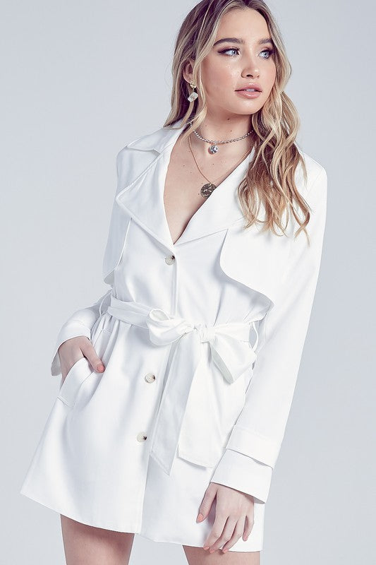 Elegant Off White Collar Button Tie-Up Jacket Dress with Long Sleeve