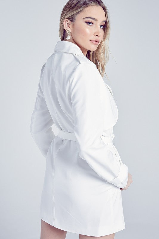 Elegant Off White Collar Button Tie-Up Jacket Dress with Long Sleeve Elegant Off White Collar Button Tie-Up Jacket Dress with Long Sleeve