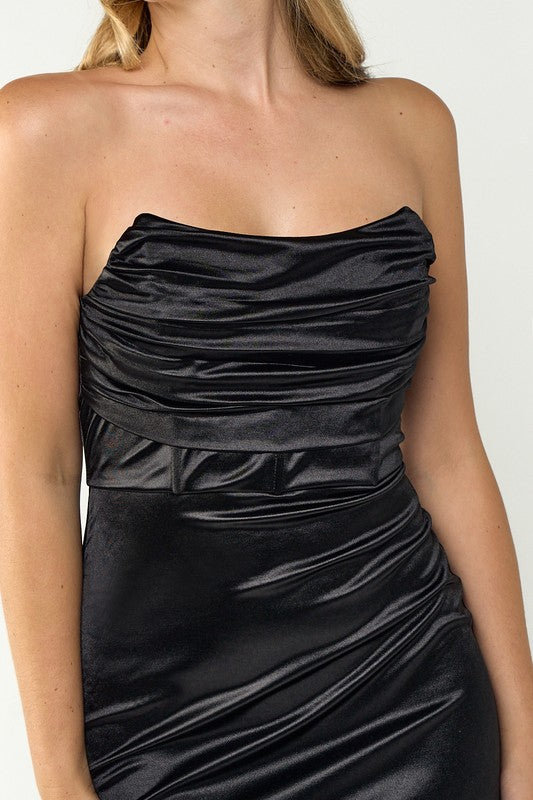 Fashion Black Satin Strapless Boning Detailed Bodycon Dress