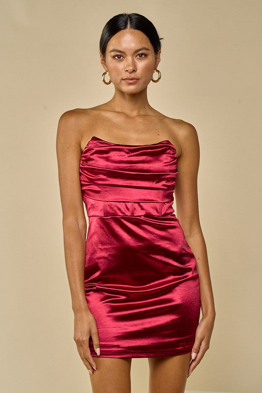Fashion Wine Satin Strapless Boning Detailed Bodycon Dress