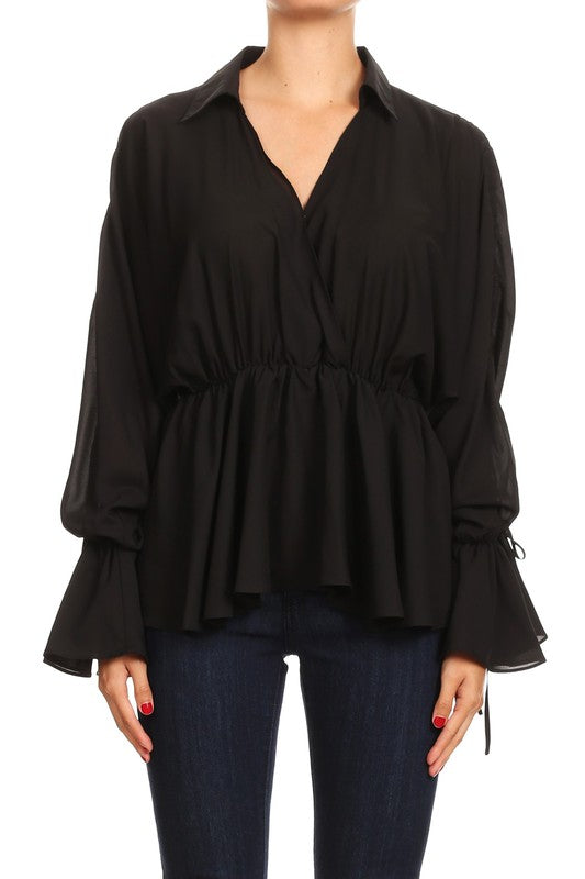 Fashion Ruffle Wide Sleeve Black Blouse
