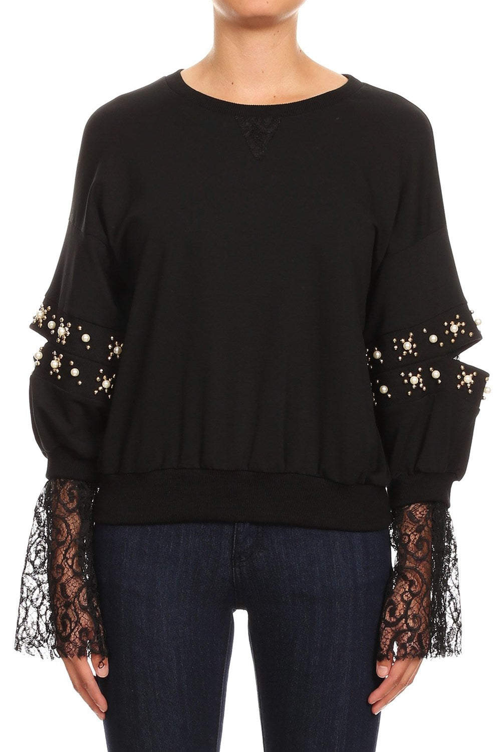 Fashion Pearl Gold Detailed Open Sleeve Black Lace Sweater
