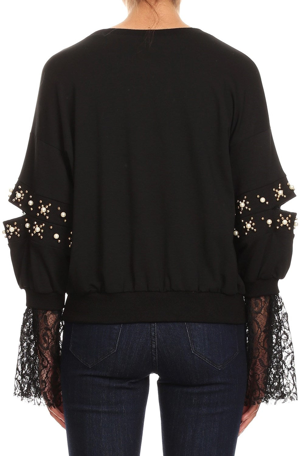 Fashion Pearl Gold Detailed Open Sleeve Black Lace Sweater