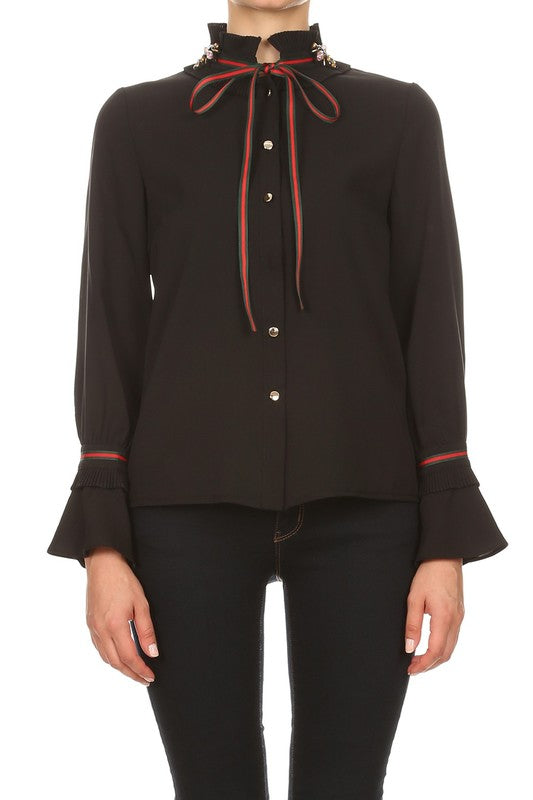 Elegant Ruffle Detailed Crystal Black Long Sleeve Blouse
