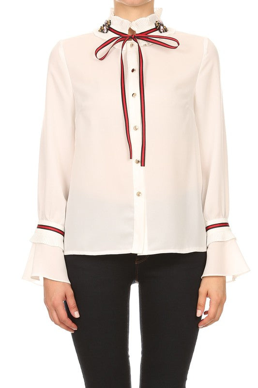 Elegant Ruffle Detailed Crystal White Long Sleeve Blouse