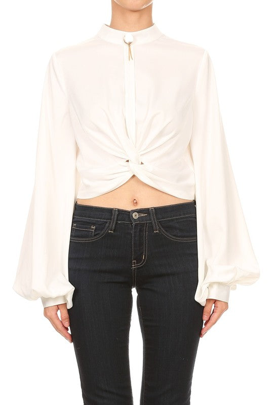 Elegant Tie-Up Knot Gold Detailed White Top with Long Bell Sleeves