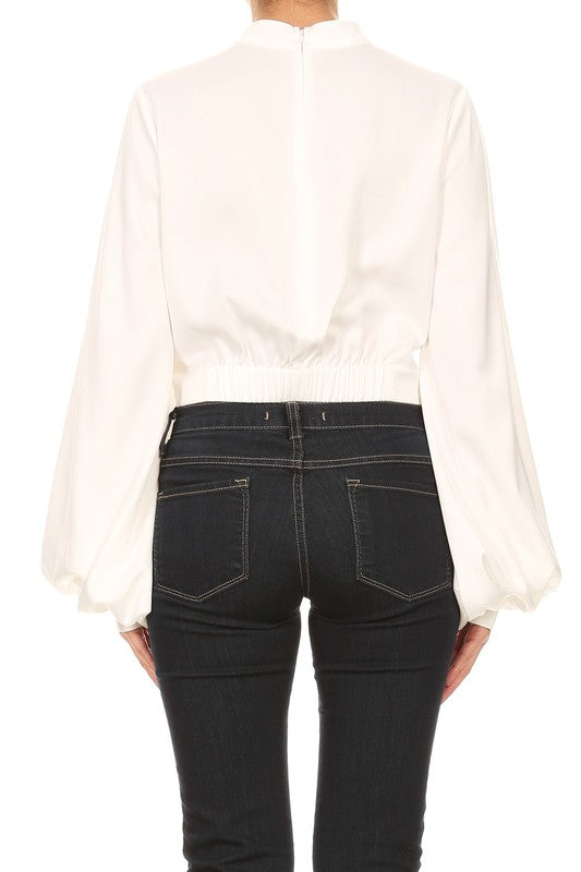 Elegant Tie-Up Knot Gold Detailed White Top with Long Bell Sleeves