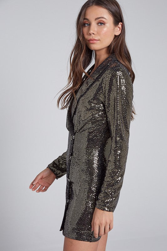 Elegant Gold Sequence Jacket Dress with Long Sleeve