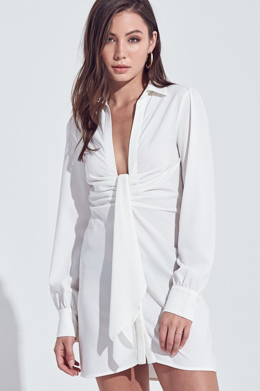 Fashion White Deep Tie-Up Shirt Dress