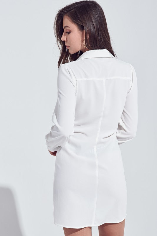 Fashion White Deep Tie-Up Shirt Dress