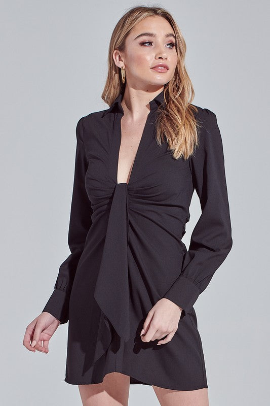 Fashion Black Deep Tie-Up Shirt Dress
