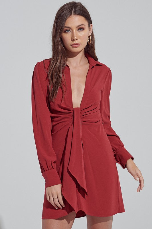 Fashion Wine Deep Tie-Up Shirt Dress