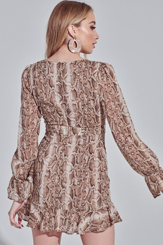 Elegant Animal Print Gold Detailled Deep V-Neck Ruffle Tie-Up Dress with Long Sleeve