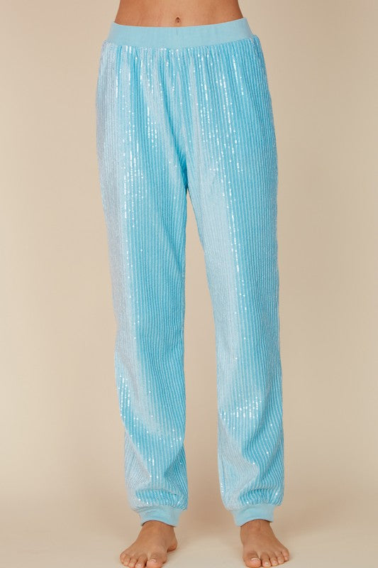 Elegant Blue Sky Sequence Jogger Pants