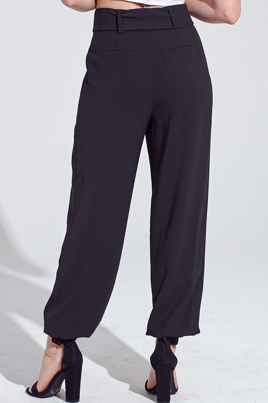 Elegant Black Tie-Up High Waisted Jogger Pants