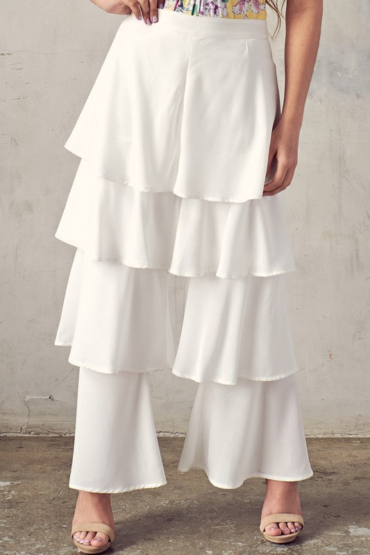 Elegant White High Waisted Ruffle Layered Pants