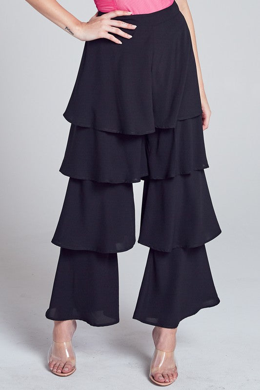 Elegant Black High Waisted Ruffle Layered Pants