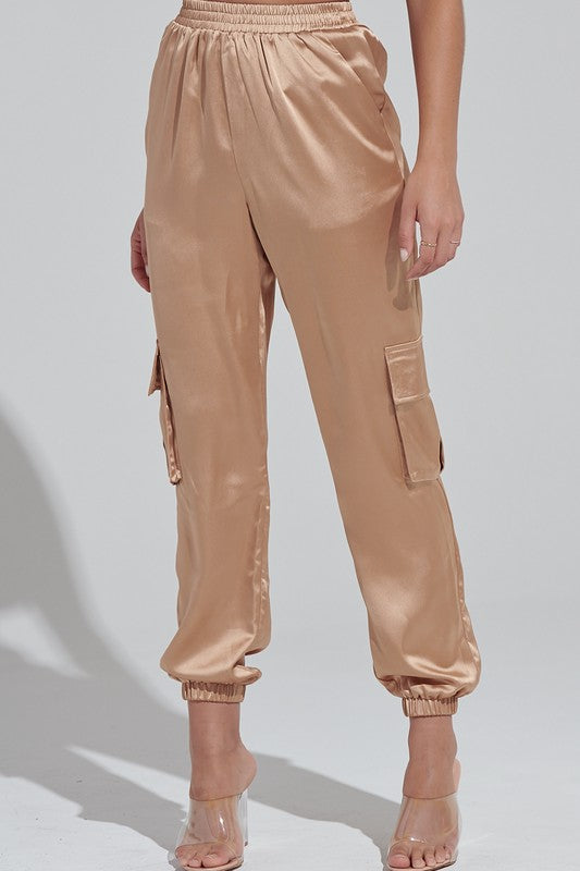 Elegant Satin Gold Cargo Jogger Pants