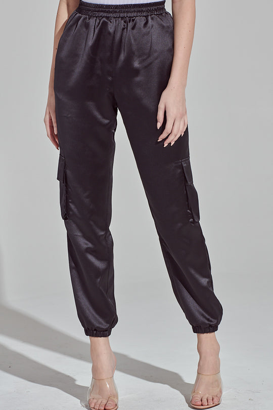 Elegant Satin Black Cargo Jogger Pants