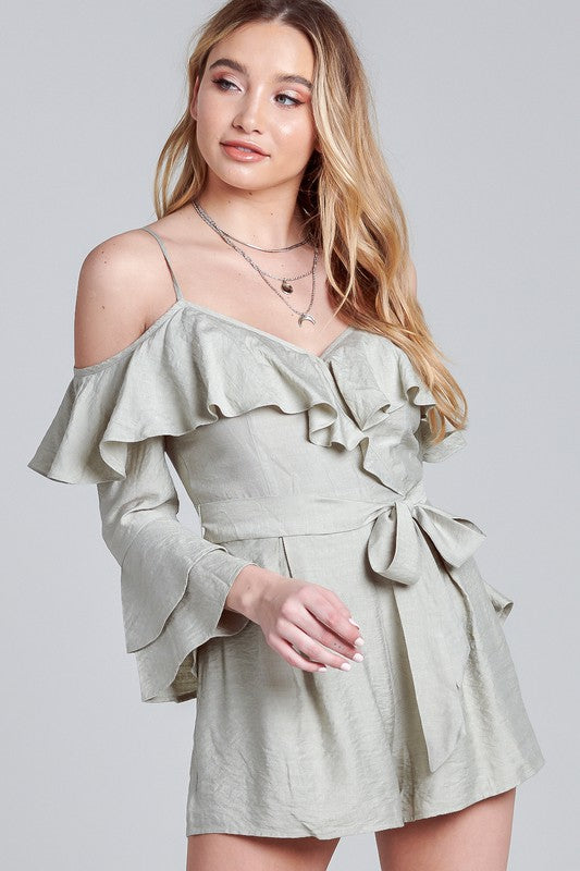 Fashion Strap Sage Tie-Up Ruffle Cold Shoulder Romper