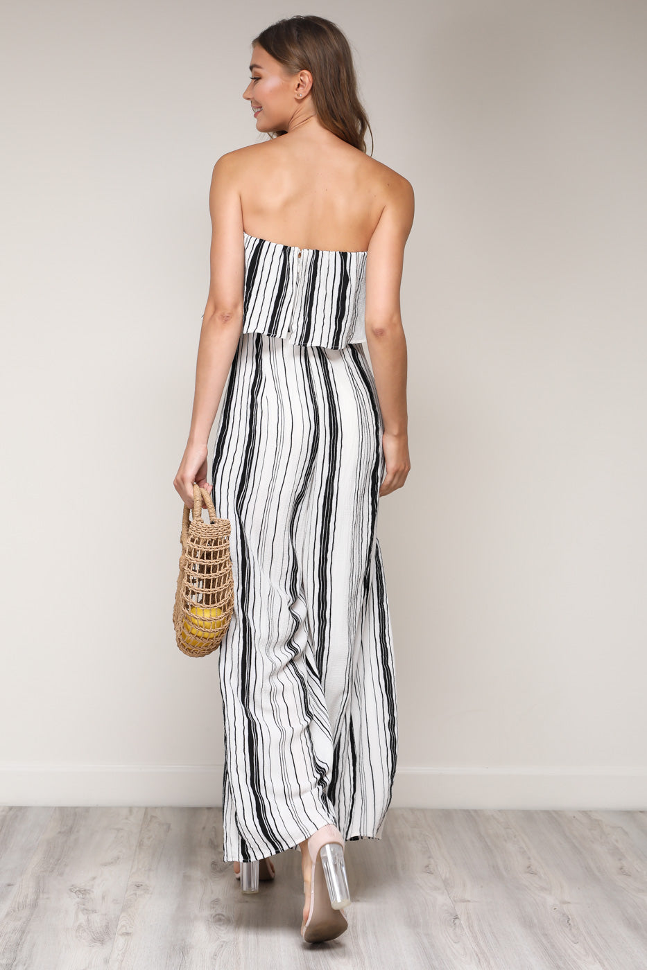 Fashion Strapless Ruffle White Striped Cut Out Jumpsuit