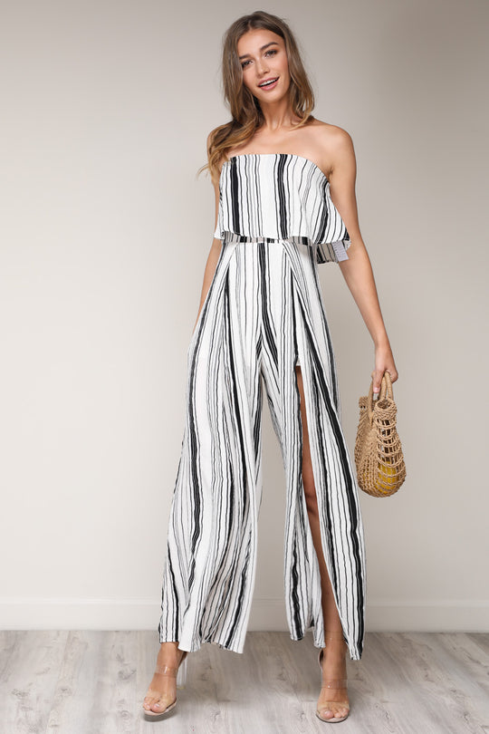 Fashion Strapless Ruffle White Striped Cut Out Jumpsuit