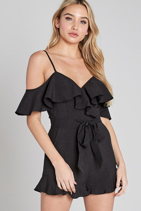 Fashion Summer Strap Black Tie-Up Ruffle Sleeveless Romper