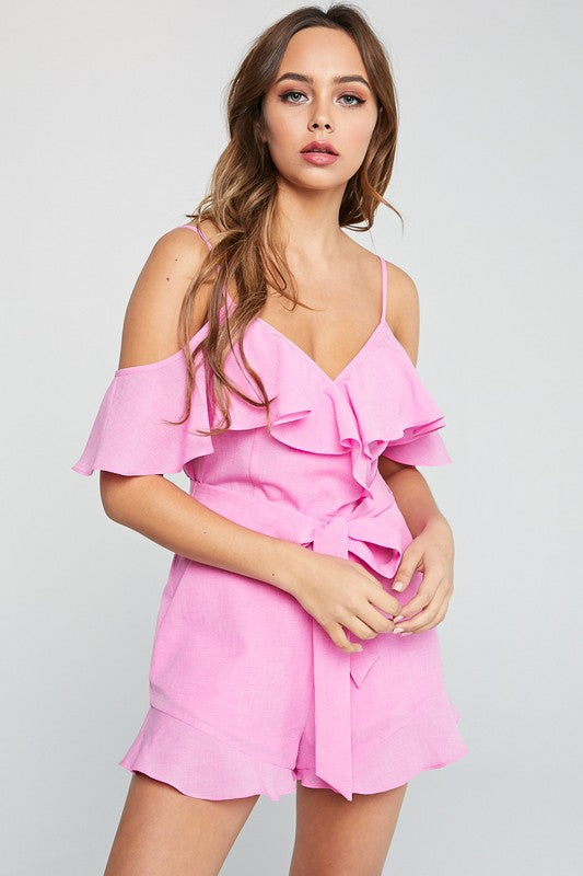 Fashion Summer Strap Pink Tie-Up Ruffle Sleeveless Romper