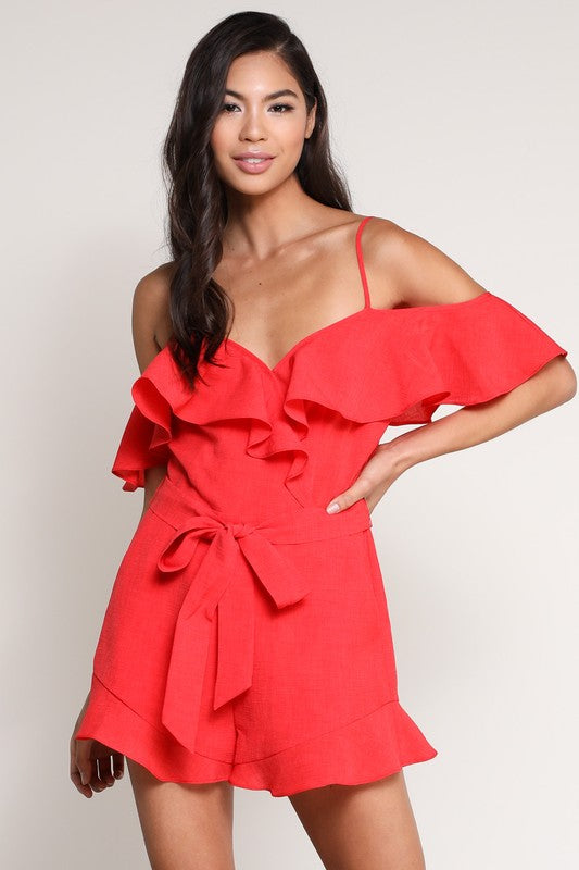 Fashion Strap Red Tie-Up Ruffle Sleeveless Romper